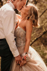 Elegant Strapless Champagne Wedding Dress with Beads